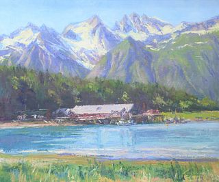 Josephine Crumrine Liddell (American, 1917 - 2005), lakeside cottage, oil on canvas, signed lower right 'Josephine Crumine Liddell', 24" x 20".
