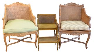 Three Piece Lot, to include pair of Louis XV style armchairs, with caning and 2 step stools with caning.