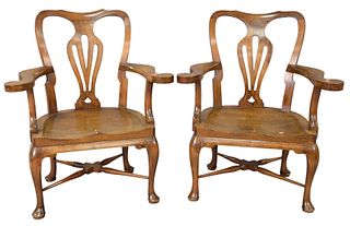 Pair of George II style Walnut armchairs on Cabriole legs ending in pad feet, height 37 inches, width 31 inches. Provenance: Christies, South Kensingt