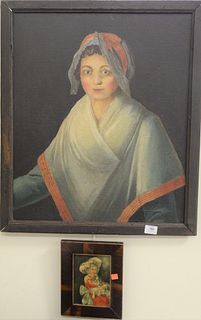Two Piece Group, to include one large portrait, possibly French, oil on canvas, unsigned, along with a small painting of a girl with a King Charles Sp