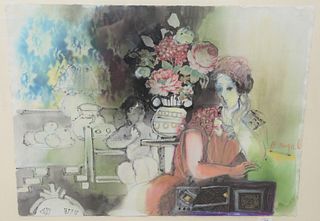 Batia Magal (Israeli, b. 1953), interior scene with mother and child, mixed media on paper, signed center right 'B. Magal', sheet 22" x 30".