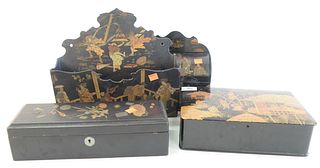 Four Piece Lot of Japanese Boxes, to include a papier mache painted letter box, with dome lid; one long box with small metal bronze inset tokens on th
