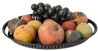 Group Lot of Carved and Painted Stone Fruit, in a black tole tray, to include grapes, figs, apples, and peaches.
