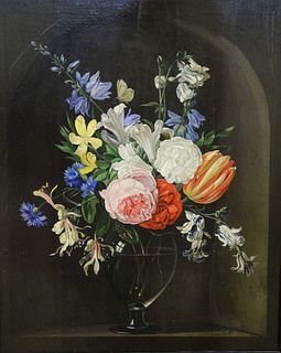 Frederick Victor Bailey (1919 - 1997), oil on board, still life vase of flowers, initialed lower left 'FVB', in wood frame, 17" x 13 1/2".