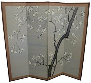 Three Piece Group, to include two carved detail mirrors, along with one Japanese painted silk screen, height 64 1/2 inches, width 72 inches.