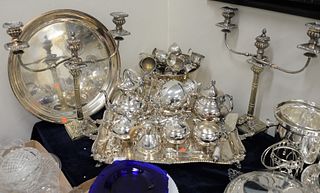 Group of Silverplate, to include tea set, Sheffield candelabra, punch bowl with cups, trays, etc.