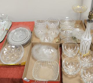 Five Tray Lots of Assorted Crystal, to include 4 crystal wine rinse bowls; 4 crystal bowls; set of 3 etched glass plates; set of 6 etched glass plates
