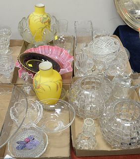 Five Tray Lots of Crystal and Glass, to include Val Saint Lambert; Rosenthal cut glass; a pink glass flowered bowl; along with a pair of case glass ye