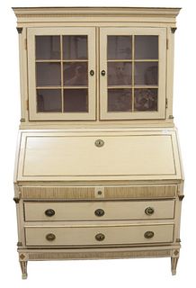 Continental Cream Painted Secretary Desk, in two parts, having brass mounted columns, probably Swedish, 19th Century, height 75 1/4 inches, width 40 i