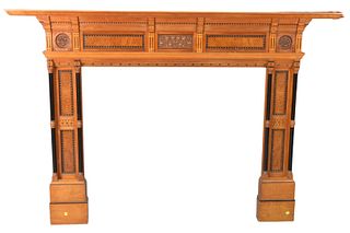 Victorian Satinwood and Burl Walnut Fire Mantle, with ebony and marquetry, circa 1890, height 54 inches, width 75 inches, opening height 40 inches, op