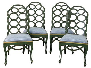 Set of Four Contemporary Side Chairs, green painted with gilt decoration (some paint loss), seat height 18 inches.