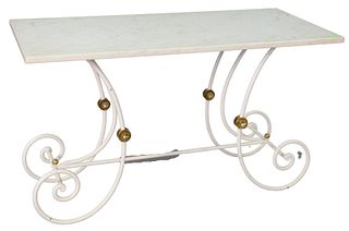 Marble Top Table, on scrolled iron base, height 28 inches, top 24" x 48".