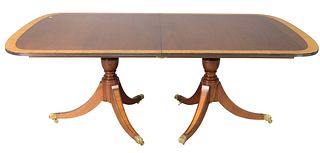 Custom Mahogany Dining Table, on double pedestal base, with banded inlaid top, along with two extra leaves, height 29 inches, length 80 inches, two le