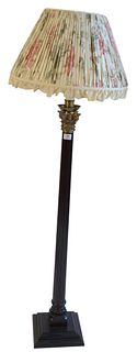 Column wood floor lamp with bronze capital and custom silk shade, height 63 inches.