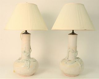 Three Chinese Table Lamps, to include pair of Chinese dragon vases, having moulded, white glazed dragons with three claws; along with blue and white p
