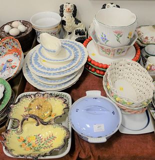 Large Grouping of Porcelain and China, to include Ironstone china; Wedgwood; cachepots; Staffordshire dogs; along with serving trays, etc.