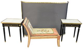 Four Piece Lot, to include 2 Louis XVI style black one drawer stands, with marble tops; Continental style child's chaise; along with a fire screen; st