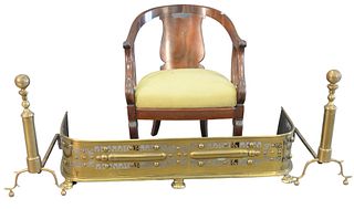 Three Piece Lot, to include Federal mahogany tub chair, (with repairs); brass andirons, height 21 1/2 inches; along with fender, length 45 inches.