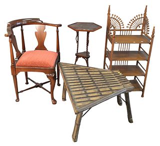 Seven Piece Lot, to include stick and ball shelf; 3 chairs; stands; along with a table, etc.