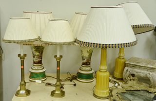 Six Piece Lot, to include three pairs of table lamps; one brass pair on neoclassical bases; one yellow glass pair on brass bases; along with a pair of