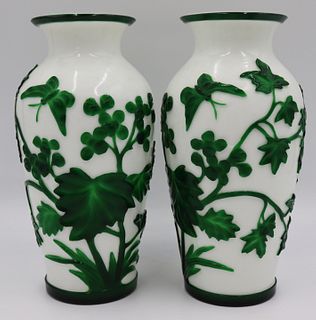 Pair of Green Overlay Peking Glass Vases.