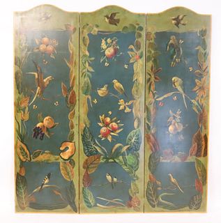 Antique 3 Panel Leather And Painted Screen.