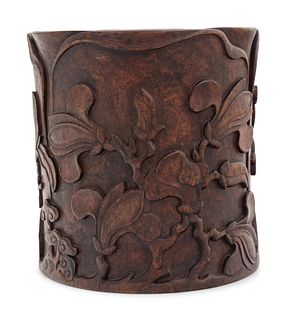 A Carved Hardwood 'Foliate' Brushpot, Bitong