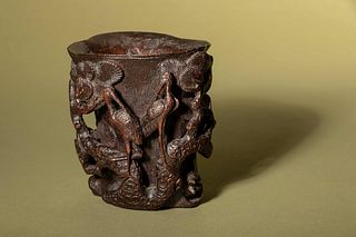 A Carved Bamboo 'Pine and Crane' Libation Cup