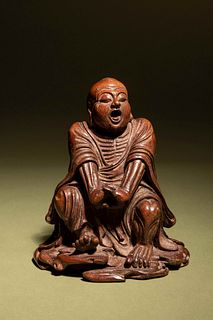 A Carved Bamboo Figure of Yawning Luohan,Pantha the Elder