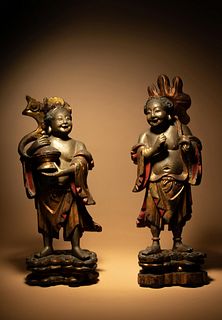 A Pair of Gilt and Lacquered Wood Figures of Immortals Hehe Erxian