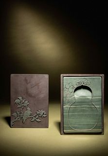 A Double-Gourd Tao Ink Stone, Songhua Ink Stone Box and Cover