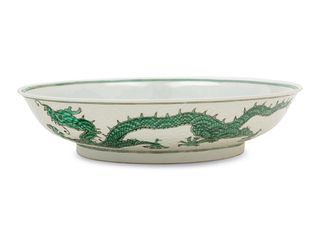 A Green Enameled White Ground Porcelain 'Dragon' Dish