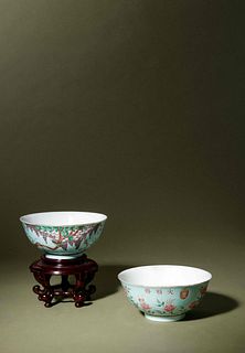 A Pair of Turquoise Glazed Ground Famille Rose Porcelain Bowls
