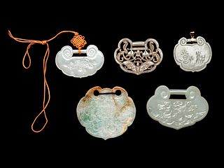 Five Jade and Jadeite Ruyi Lock-Form Pendants