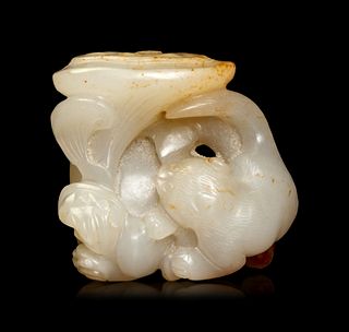 A White Jade 'Cat and Butterfly' Carving 