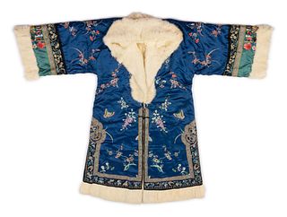 A Fur Lined Blue Ground Embroidered Silk Winter Coat