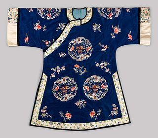 A Blue Ground Embroidered Silk Ladies' Robe