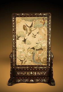 A Embroidered Silk Panel Inset Mother-of-Pearl Inlaid HongmuTable Screen