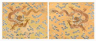 A Large Pair of Yellow Ground Gold Thread 'Dragon' Embroidery Silk Panels