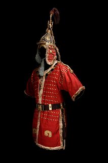 An Imperial Gilt Bronze and Iron Helmet and A Red Robe
