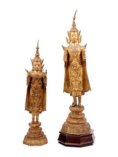 Two Thai Gilt Bronze Figures of Standing Buddha