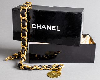 Chanel Gold-Tone Link And Black Leather Belt