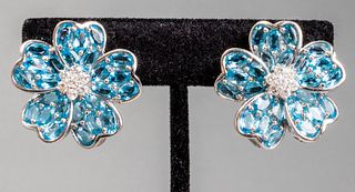 18K White Gold, Diamond & Topaz Flower Earrings