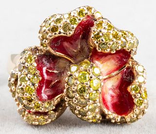 Vintage 14K Yellow Gold Diamond Enamel Orchid Ring