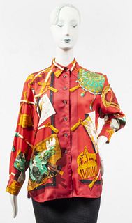 Hermes Red Silk Equestrian Motif Shirt