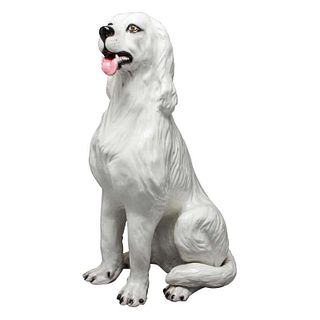 Life-Size White Ceramic Seated Dog Sculpture