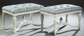 Pair of Polychromed Wooden Window Seats, 20th/21st c., the cushioned tufted top over a reeded skirt, on turned tapered octagonal legs joined by a rais