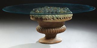 Unusual Continental Oval Beveled Glass Top Dining Table, early 20th c., on a polychromed terracotta center urn support topped with relief fruit, H.- 2
