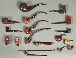 Collection of Seventeen Wood Pipes, including a large example; an opium pipe; an antler and briar example; a polychromed man with a tophat; a figural 