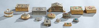 Group of Fourteen Metal Bejeweled Objects, early 20th c., consisting of a circular box; 3 circular compacts; a circular handled pillbox; an oval cover